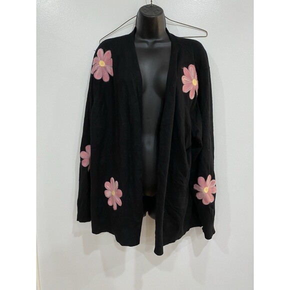 Aaeda Size 2XL BLACK Boho chic Cardigan with Embroidered Flowers Open Front - Picture 1 of 9